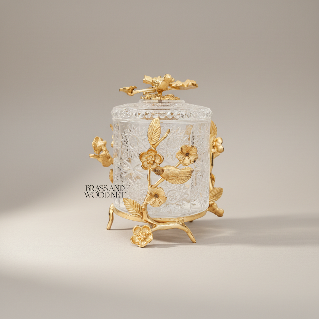 Classical Crystal & Brass Bonbonniere with Birds & Floral Branch Frame — Gold