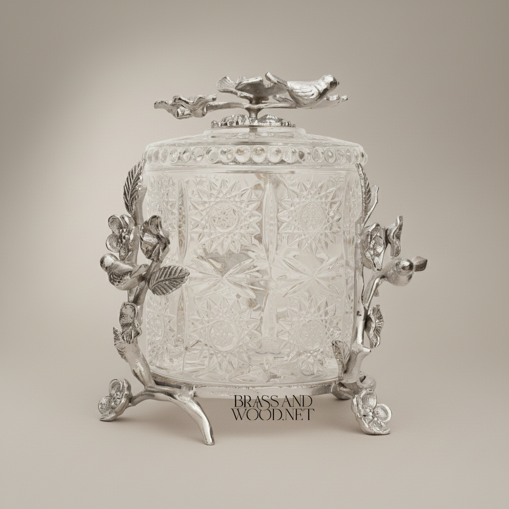 Classical Crystal & Brass Bonbonniere with Birds & Floral Branch Frame — Silver