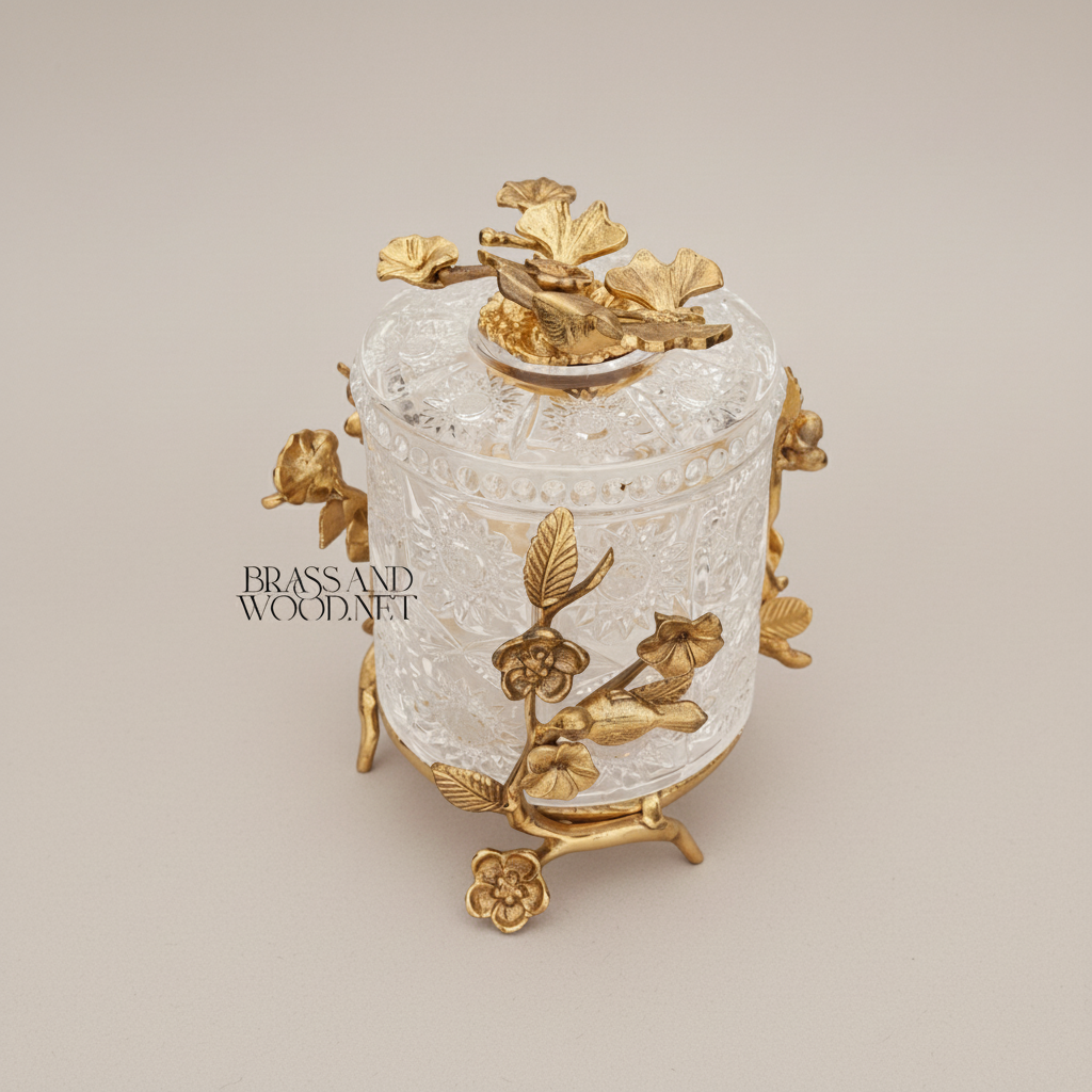 Classical Crystal & Brass Bonbonniere with Birds & Floral Branch Frame