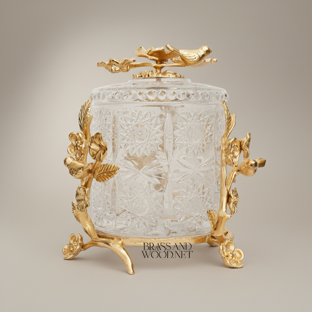 Classical Crystal & Brass Bonbonniere with Birds & Floral Branch Frame — Gold