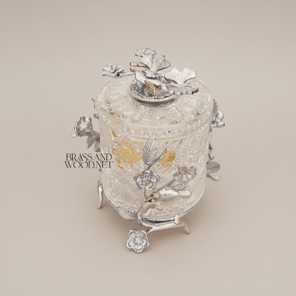 Classical Crystal & Brass Bonbonniere with Birds & Floral Branch Frame — Silver