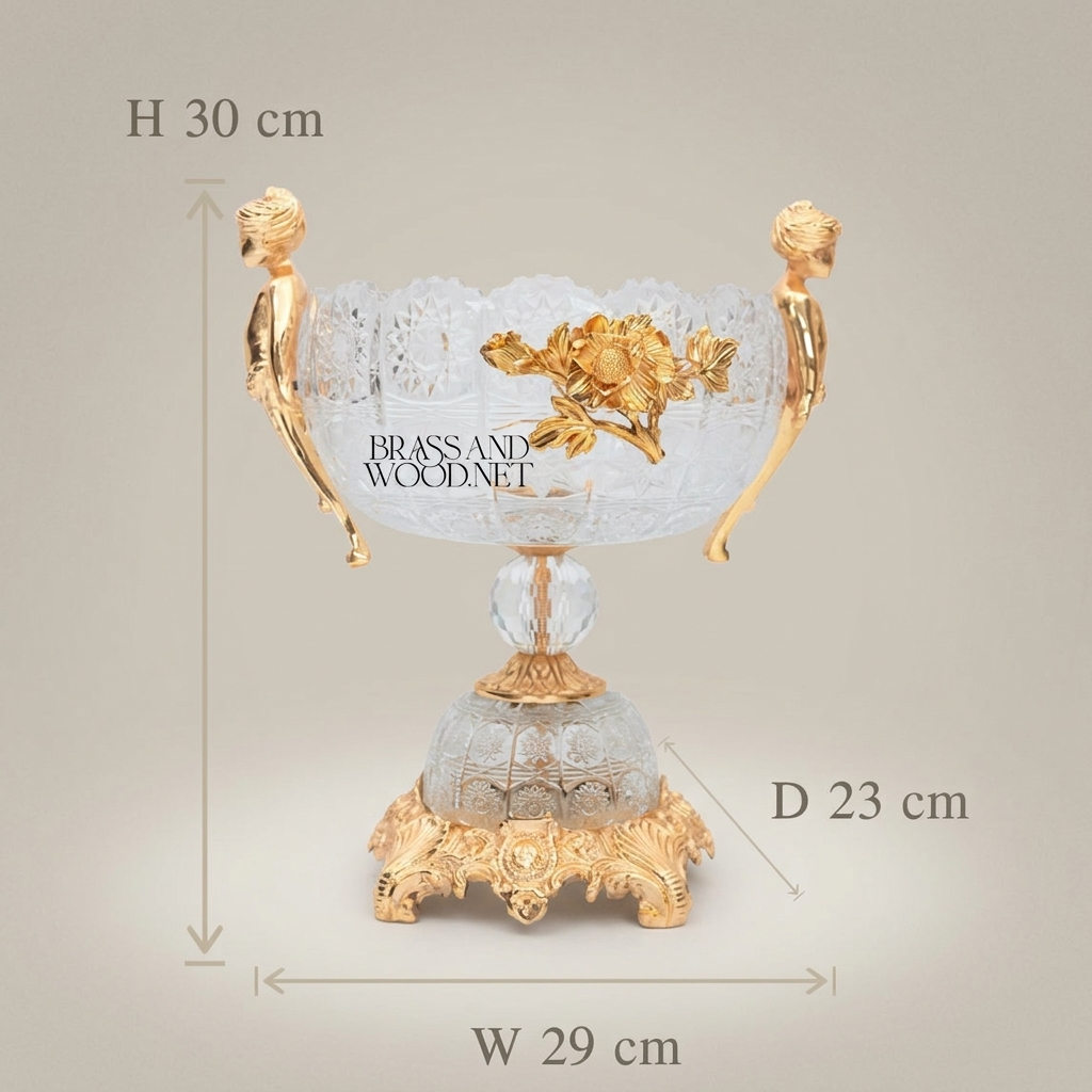 Classical Crystal & Brass Bonbonniere with Figurine Handles & Floral Motif
