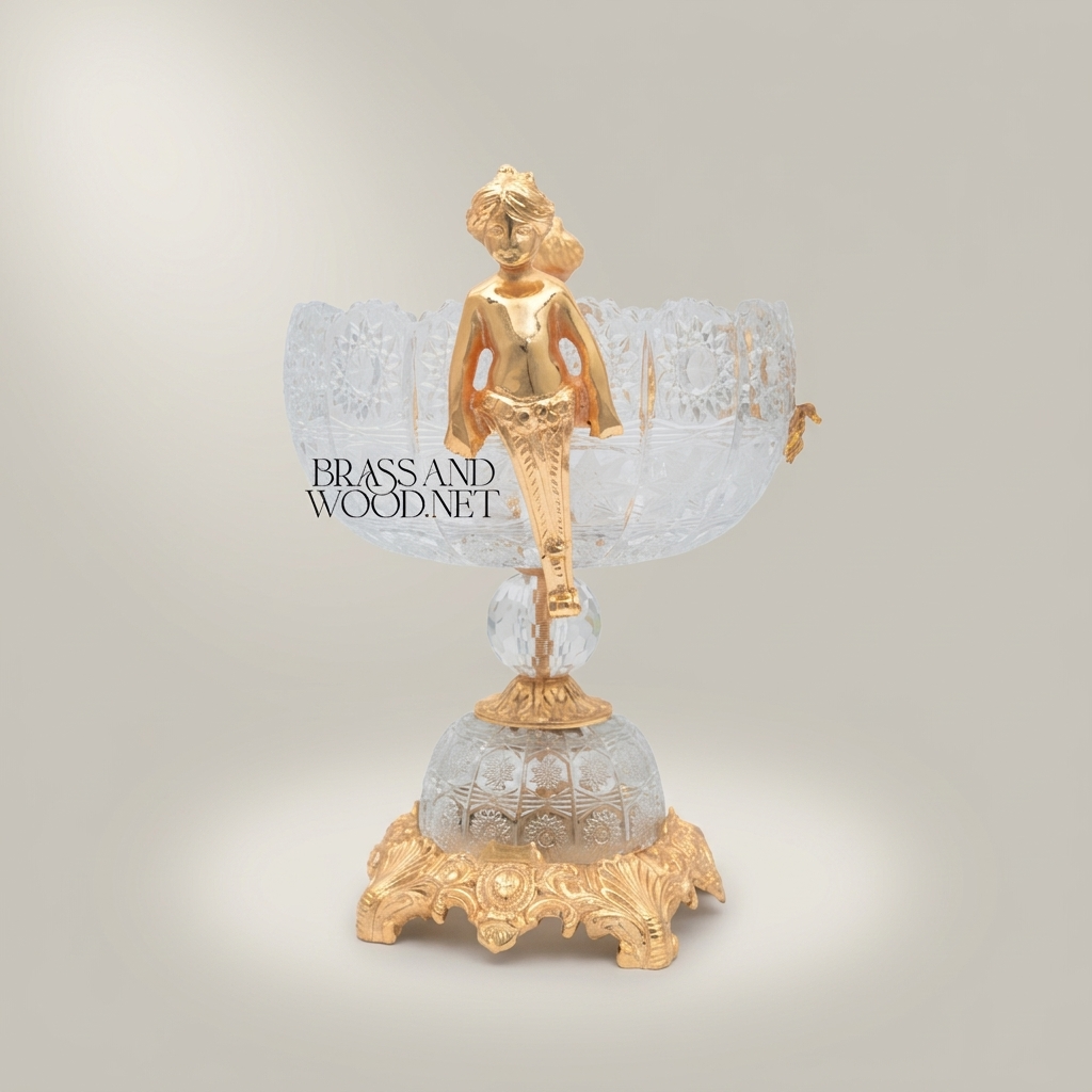 Classical Crystal & Brass Bonbonniere with Figurine Handles & Floral Motif