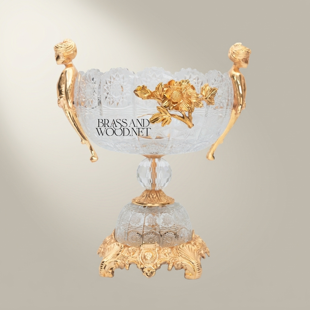 Classical Crystal & Brass Bonbonniere with Figurine Handles & Floral Motif