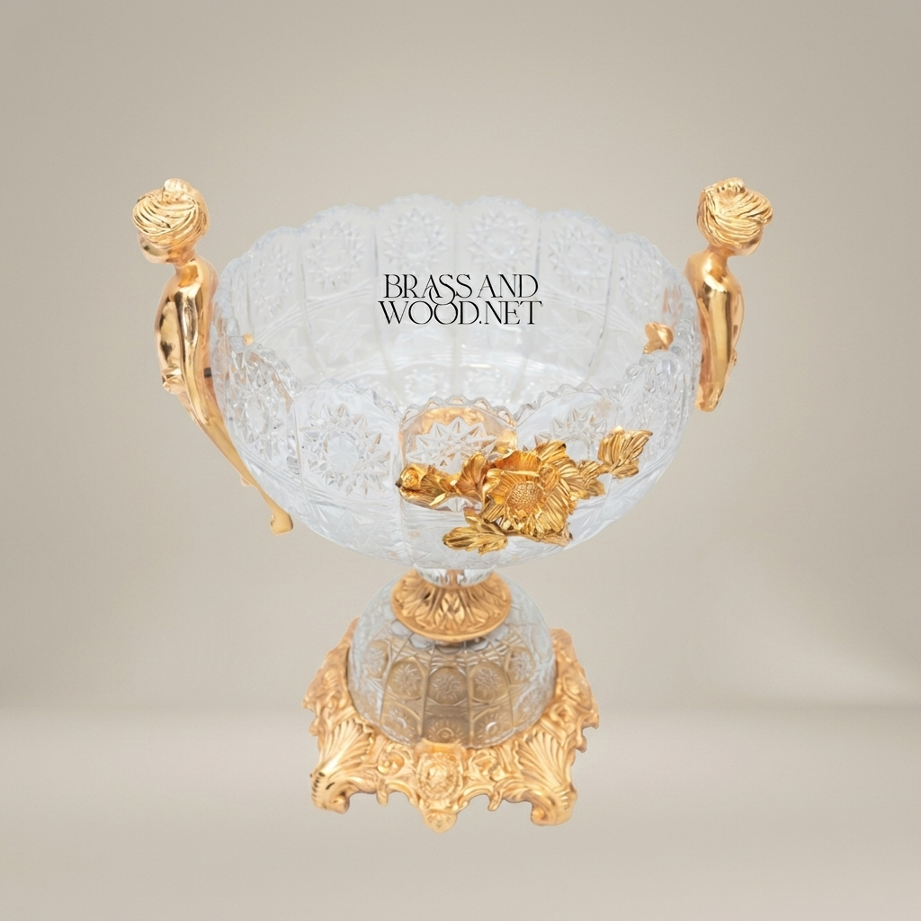 Classical Crystal & Brass Bonbonniere with Figurine Handles & Floral Motif