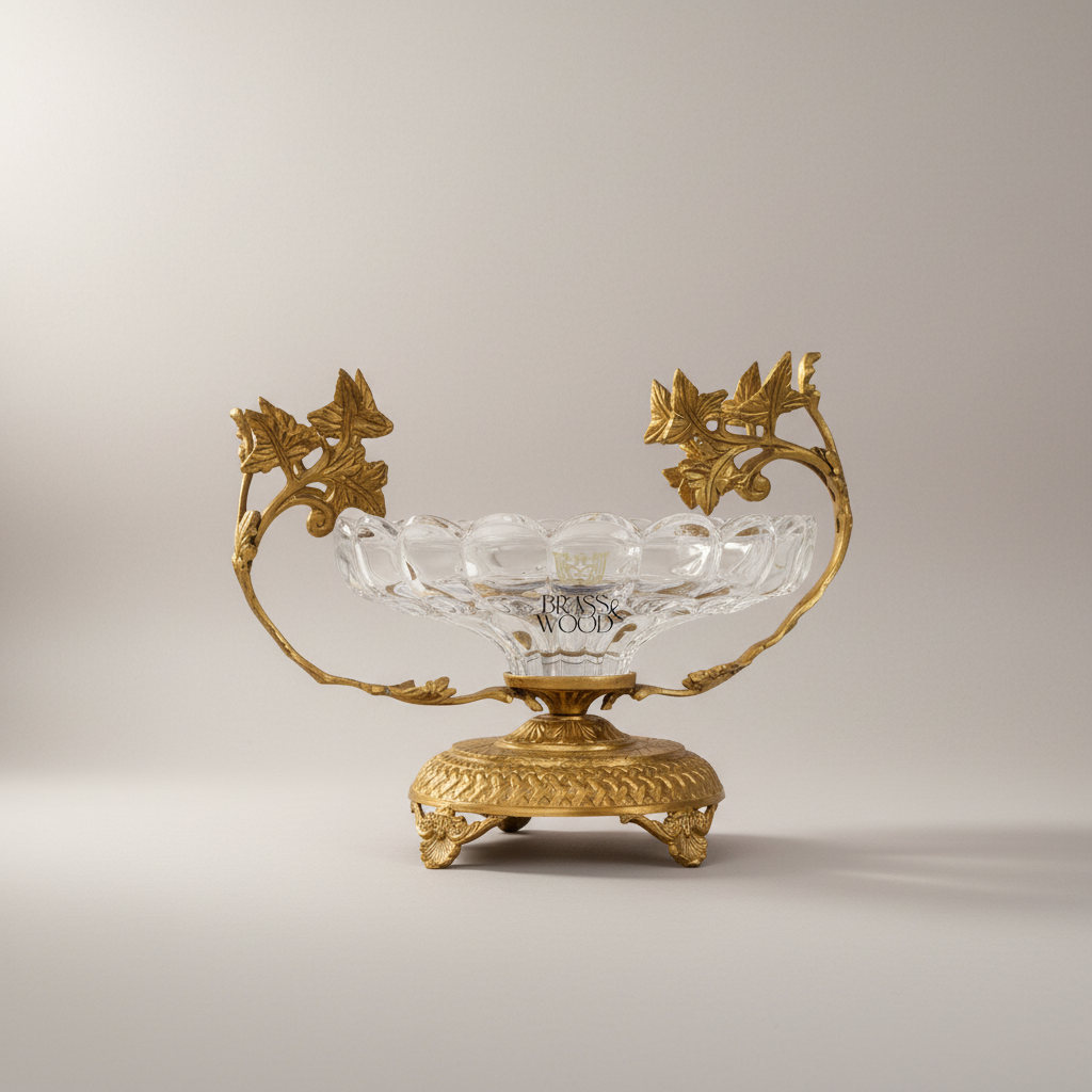 Classical Crystal & Brass Bonbonniere with Ivy Vine Handles & Ornate Footed Base