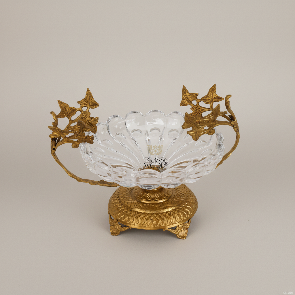 Classical Crystal & Brass Bonbonniere with Ivy Vine Handles & Ornate Footed Base