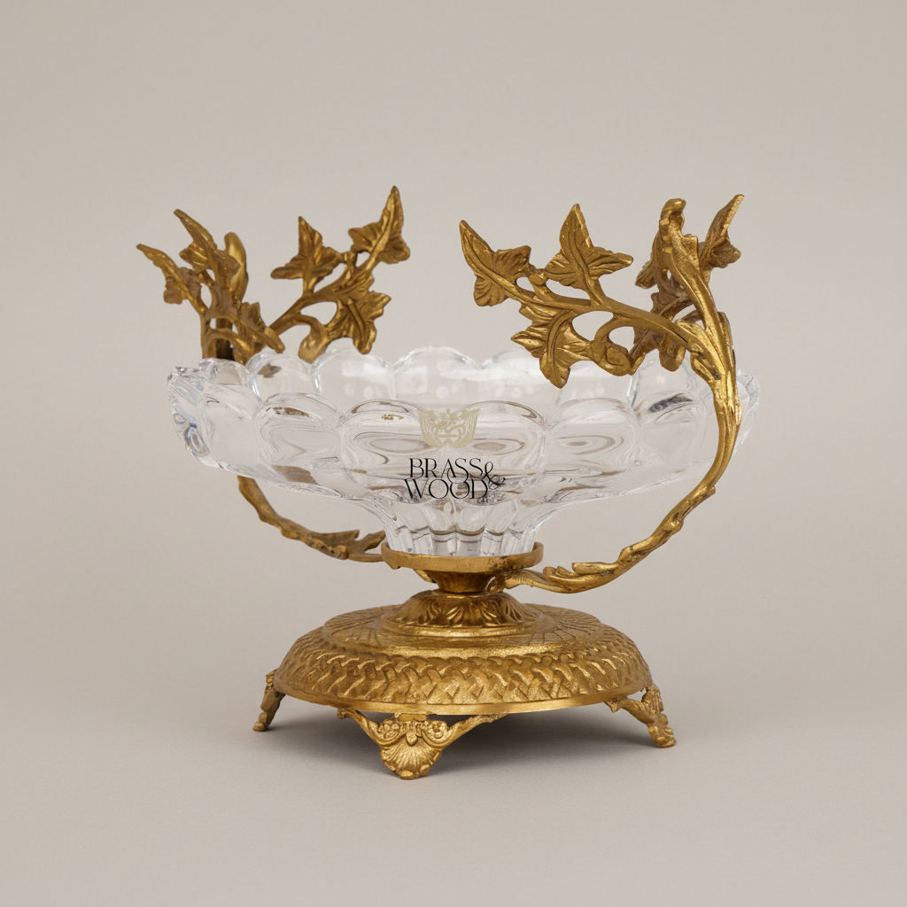Classical Crystal & Brass Bonbonniere with Ivy Vine Handles & Ornate Footed Base