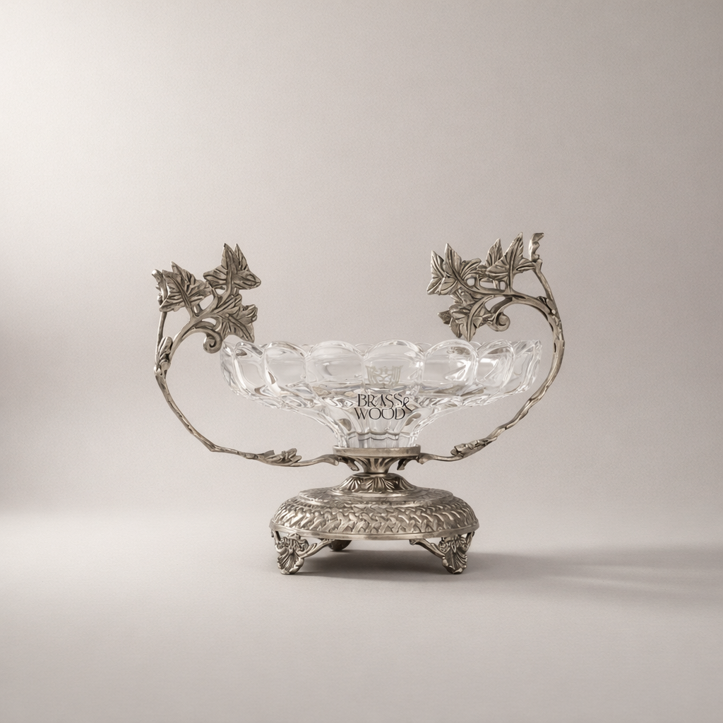Classical Crystal & Brass Bonbonniere with Ivy Vine Handles & Ornate Footed Base — Silver