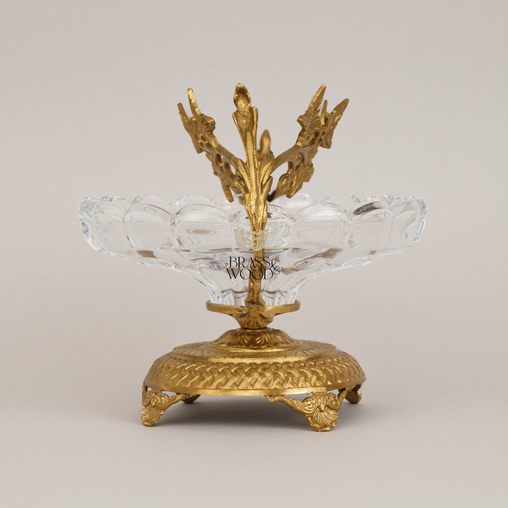 Classical Crystal & Brass Bonbonniere with Ivy Vine Handles & Ornate Footed Base