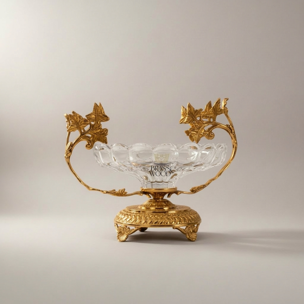 Classical Crystal & Brass Bonbonniere with Ivy Vine Handles & Ornate Footed Base — Gold