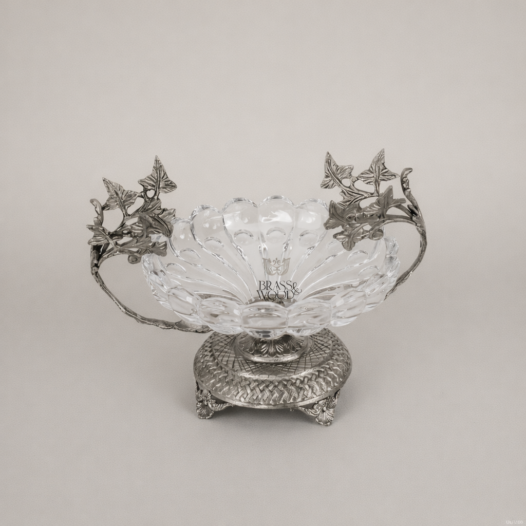 Classical Crystal & Brass Bonbonniere with Ivy Vine Handles & Ornate Footed Base — Silver