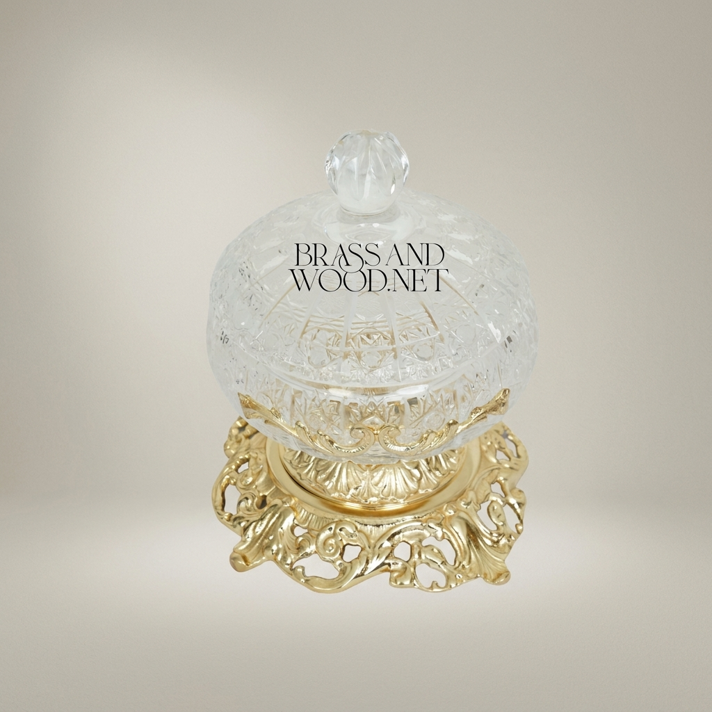 Classical Crystal & Brass Bonbonniere with Ornate Filigree Pedestal — Gold