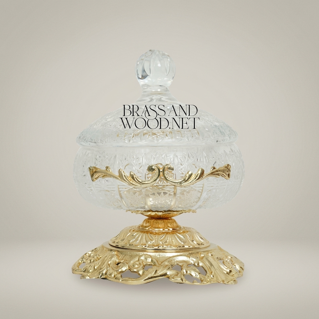 Classical Crystal & Brass Bonbonniere with Ornate Filigree Pedestal