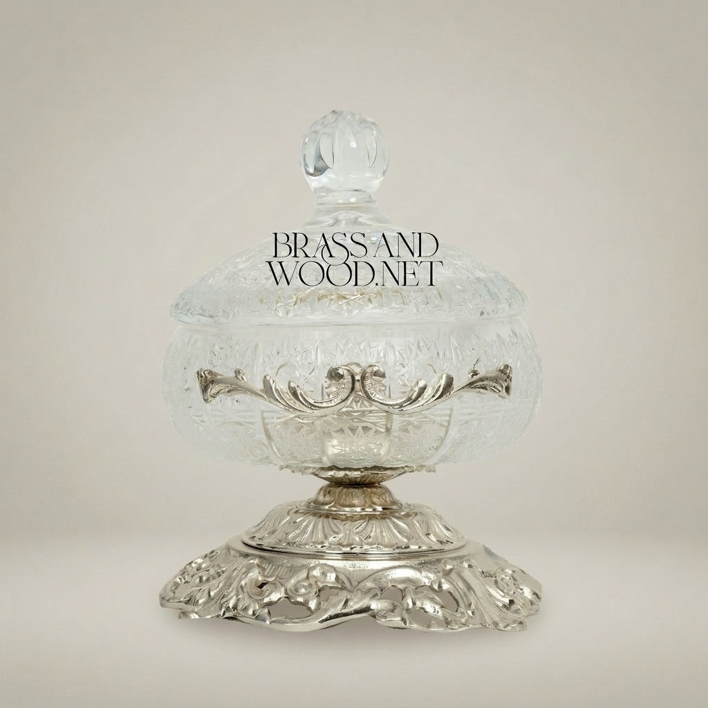 Classical Crystal & Brass Bonbonniere with Ornate Filigree Pedestal — Silver