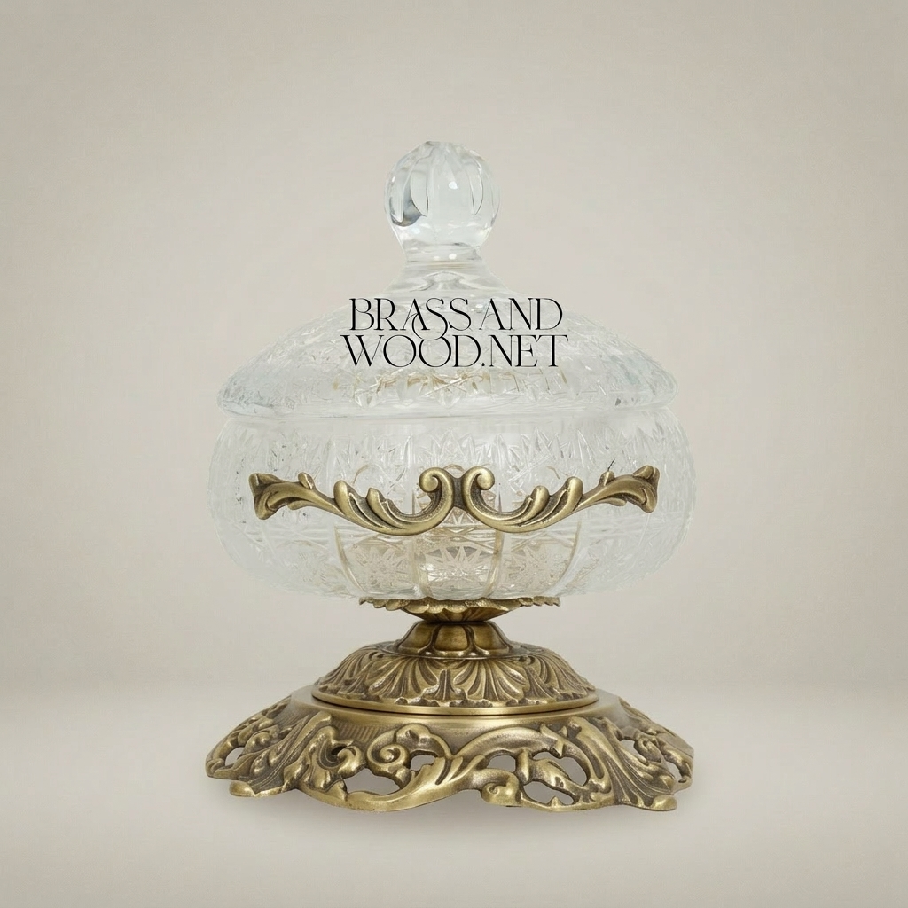 Classical Crystal & Brass Bonbonniere with Ornate Filigree Pedestal — Antique Gold