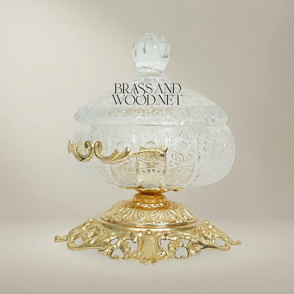 Classical Crystal & Brass Bonbonniere with Ornate Filigree Pedestal