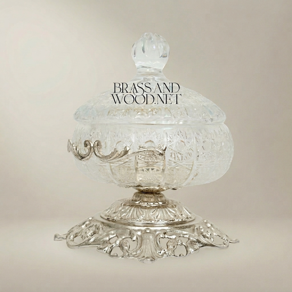 Classical Crystal & Brass Bonbonniere with Ornate Filigree Pedestal — Silver