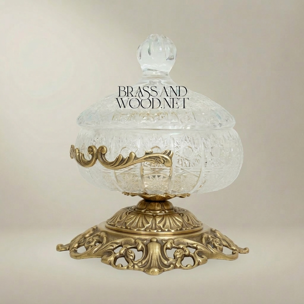 Classical Crystal & Brass Bonbonniere with Ornate Filigree Pedestal — Antique Gold