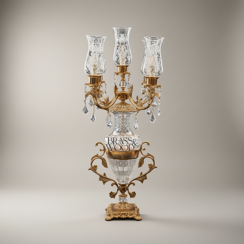 Classical Crystal & Brass Candelabra Table Lamp - 3-Arm Urn Body with Crystal Pendants — Gold