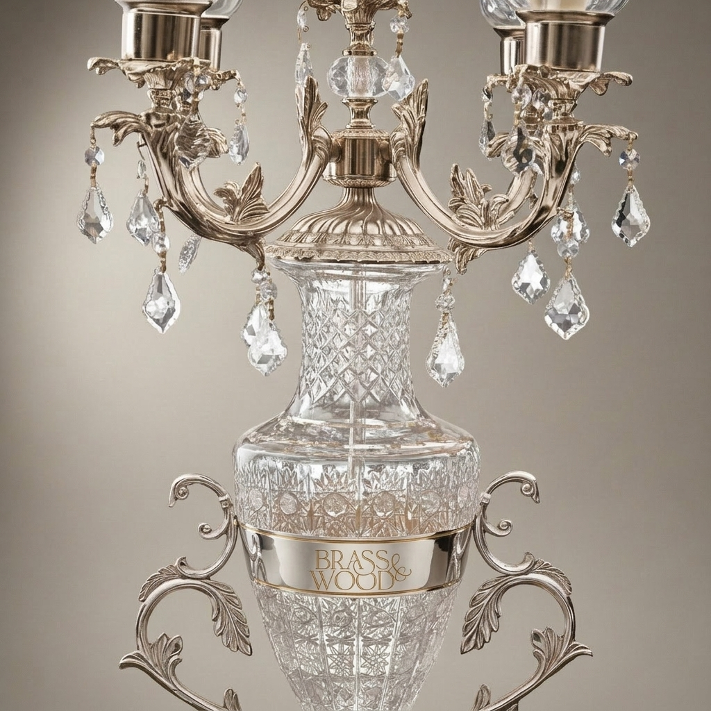 Classical Crystal & Brass Candelabra Table Lamp - 3-Arm Urn Body with Crystal Pendants — Silver