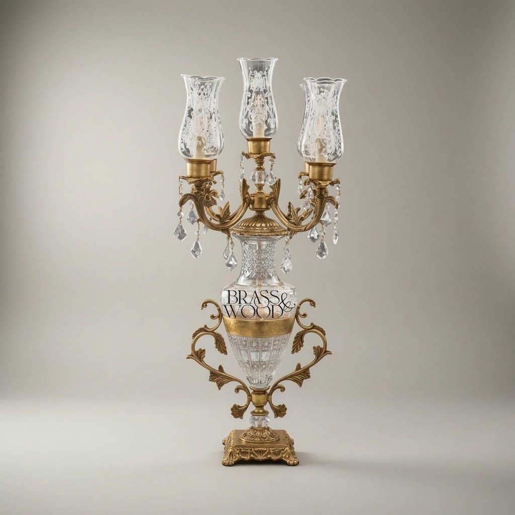 Classical Crystal & Brass Candelabra Table Lamp - 3-Arm Urn Body with Crystal Pendants — Antique Gold