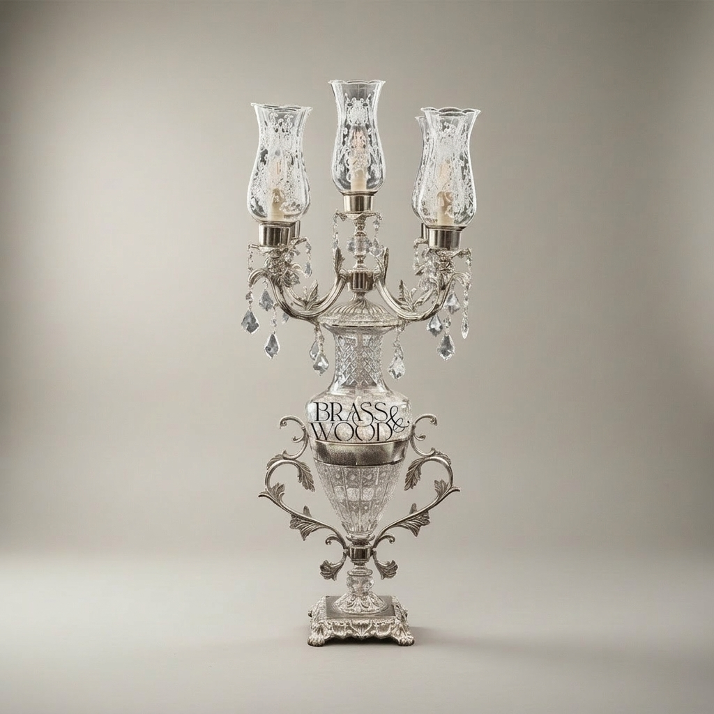 Classical Crystal & Brass Candelabra Table Lamp - 3-Arm Urn Body with Crystal Pendants — Silver