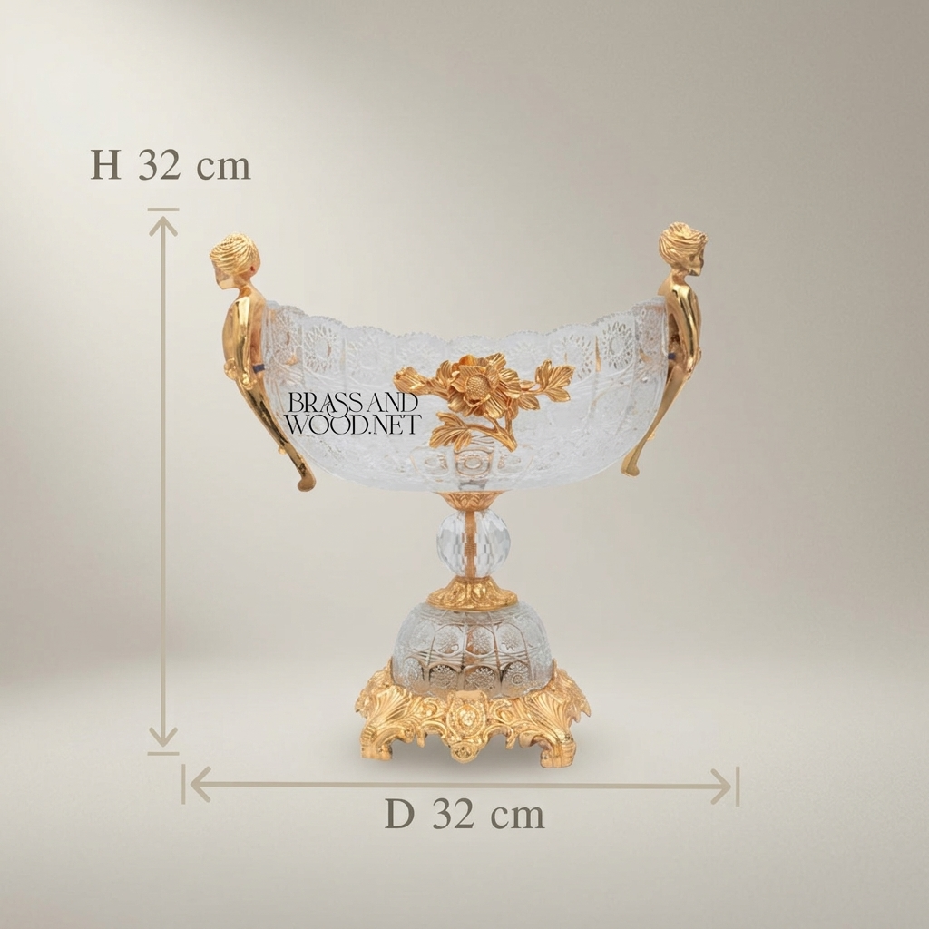 Classical Crystal & Brass Centerpiece Bowl with Figural Handles — Gold