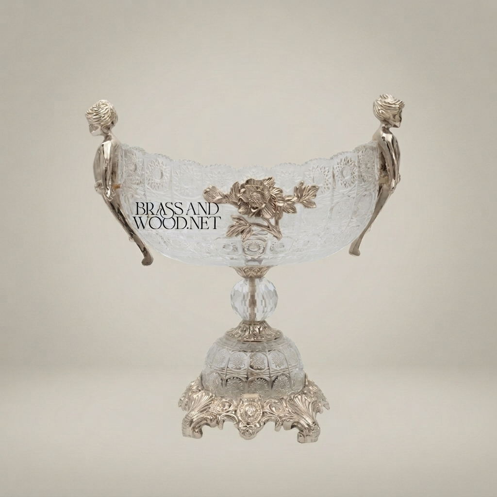 Classical Crystal & Brass Centerpiece Bowl with Figural Handles — Silver