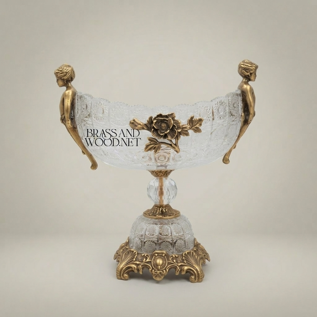Classical Crystal & Brass Centerpiece Bowl with Figural Handles — Antique Gold