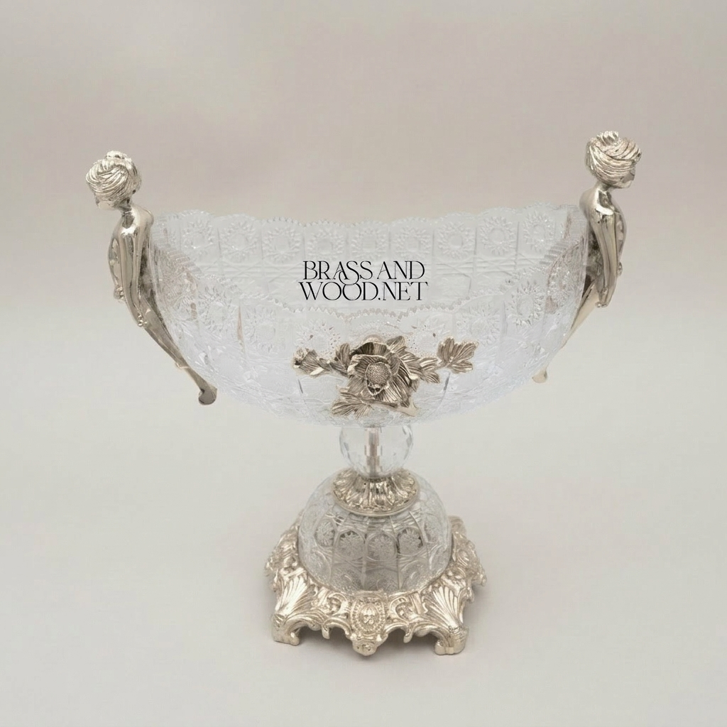 Classical Crystal & Brass Centerpiece Bowl with Figural Handles — Silver