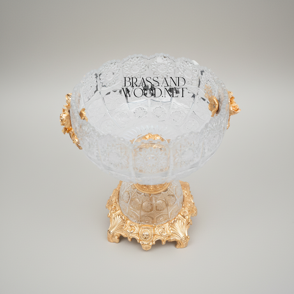 Classical Crystal & Brass Centerpiece Bowl - Ornate Scalloped Rim with Floral Handles — Gold