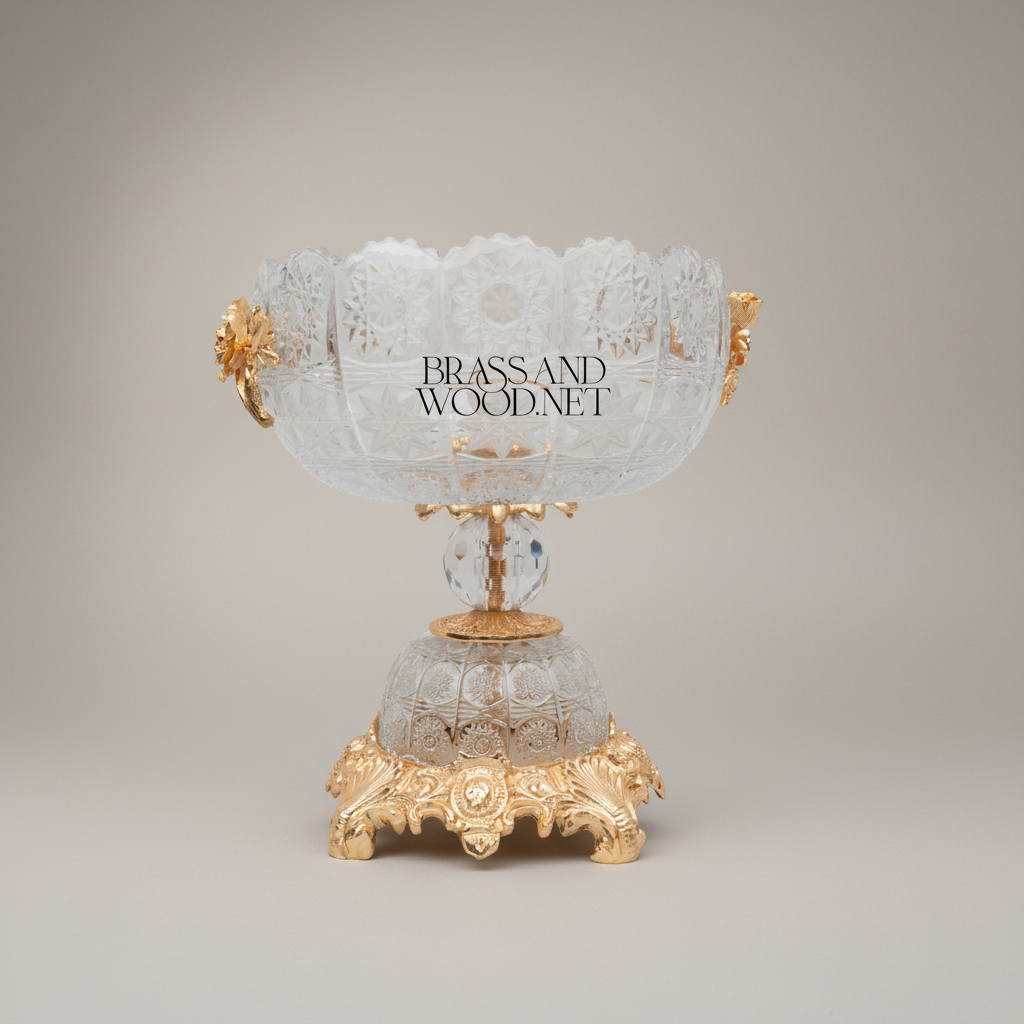 Classical Crystal & Brass Centerpiece Bowl - Ornate Scalloped Rim with Floral Handles — Gold