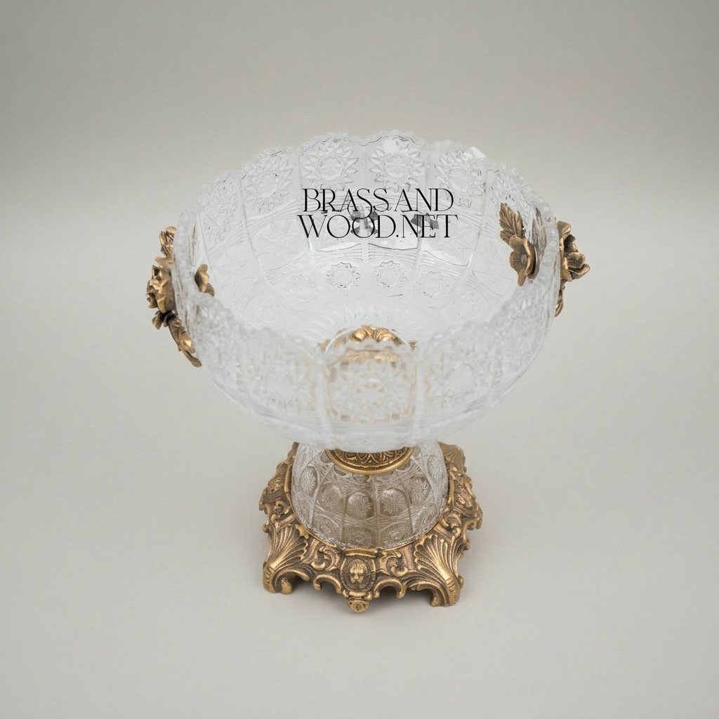 Classical Crystal & Brass Centerpiece Bowl - Ornate Scalloped Rim with Floral Handles