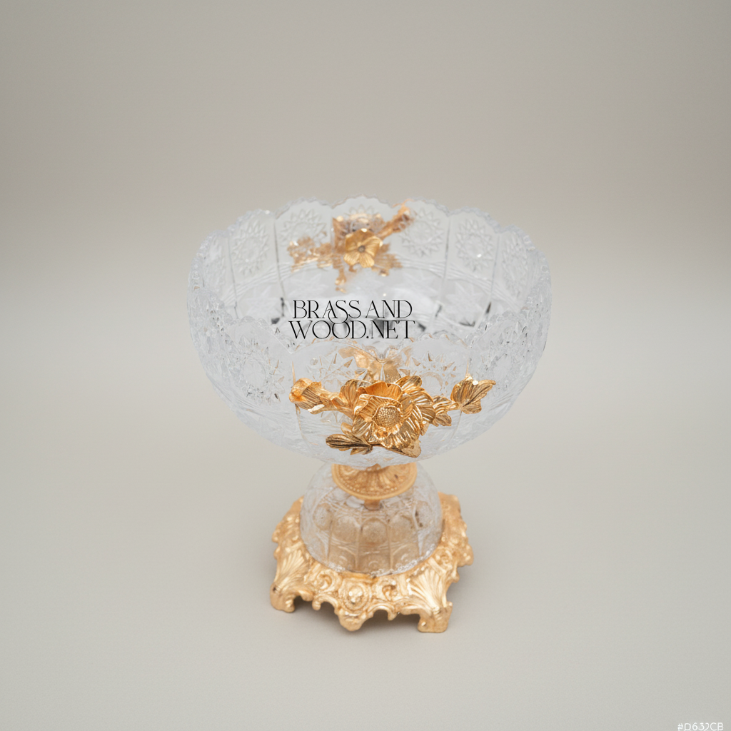 Classical Crystal & Brass Centerpiece Bowl - Ornate Scalloped Rim with Floral Handles — Gold