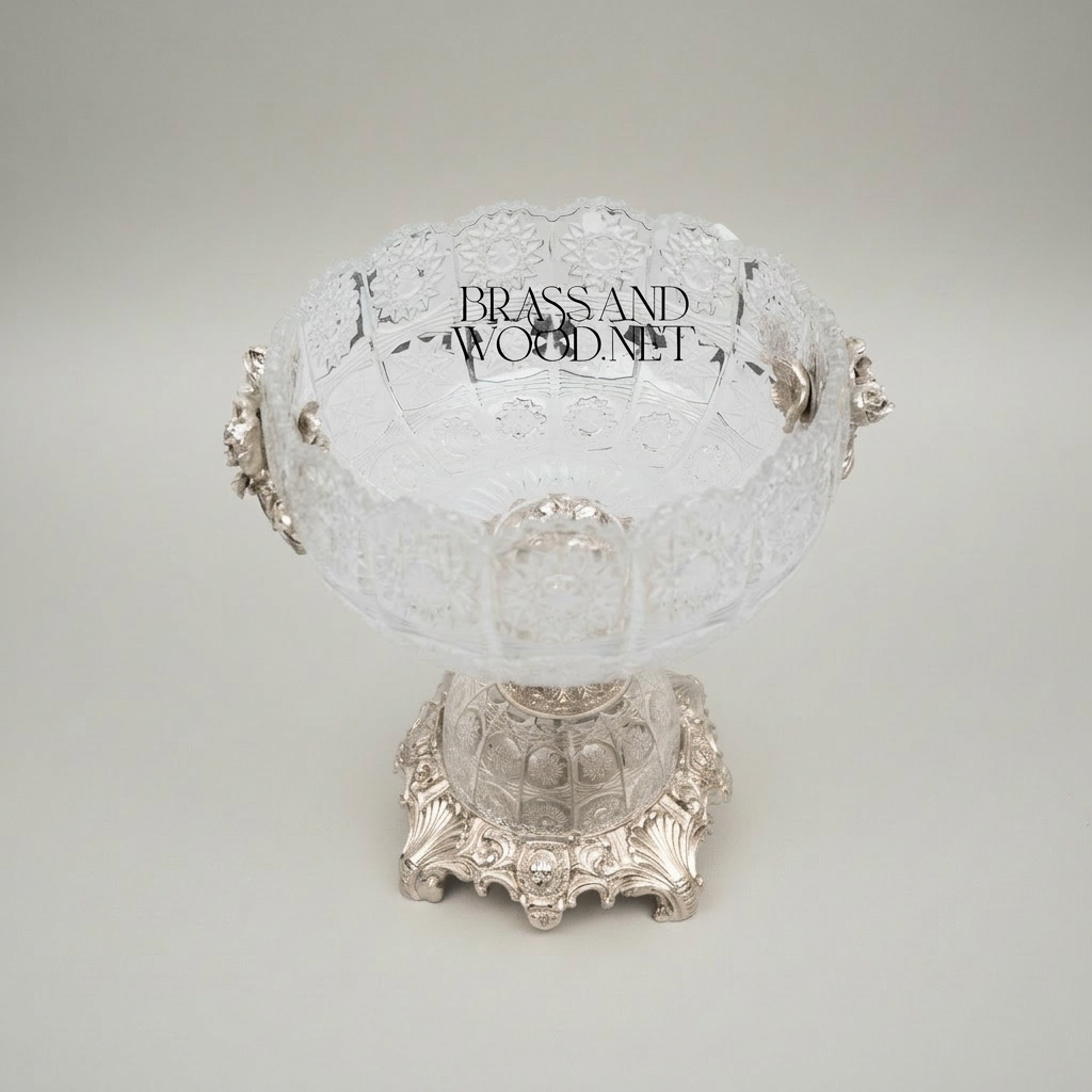 Classical Crystal & Brass Centerpiece Bowl - Ornate Scalloped Rim with Floral Handles — Silver