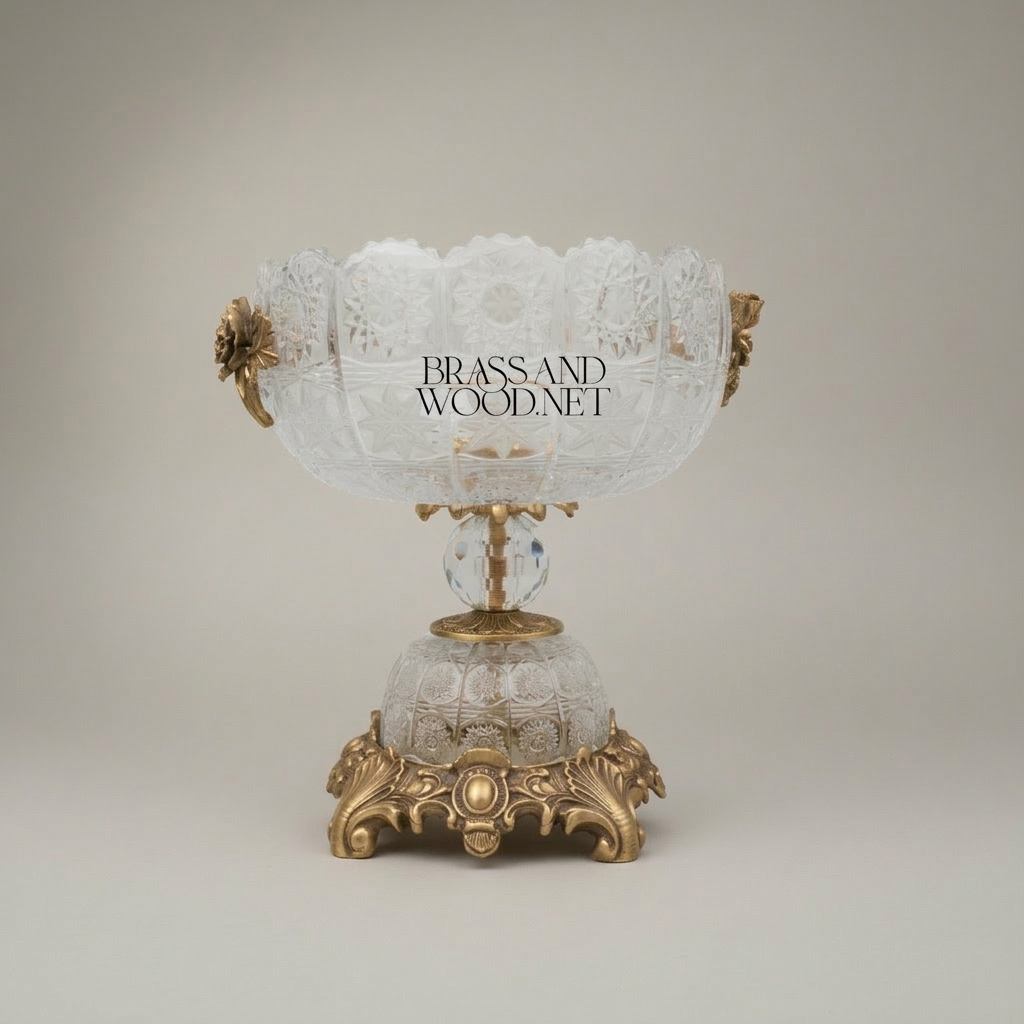 Classical Crystal & Brass Centerpiece Bowl - Ornate Scalloped Rim with Floral Handles — Antique Gold