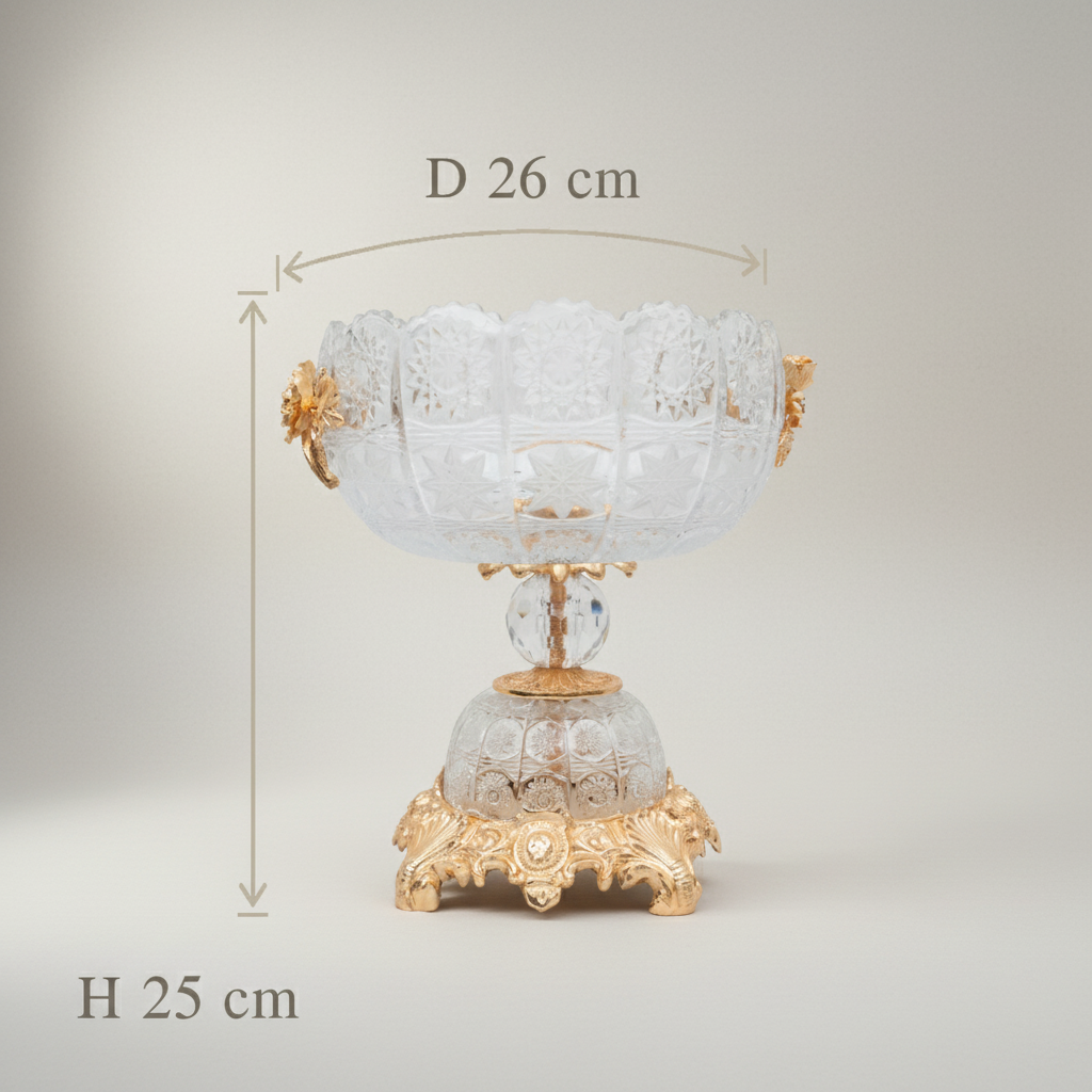 Classical Crystal & Brass Centerpiece Bowl - Ornate Scalloped Rim with Floral Handles — Gold