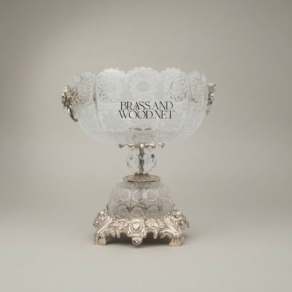 Classical Crystal & Brass Centerpiece Bowl - Ornate Scalloped Rim with Floral Handles — Silver