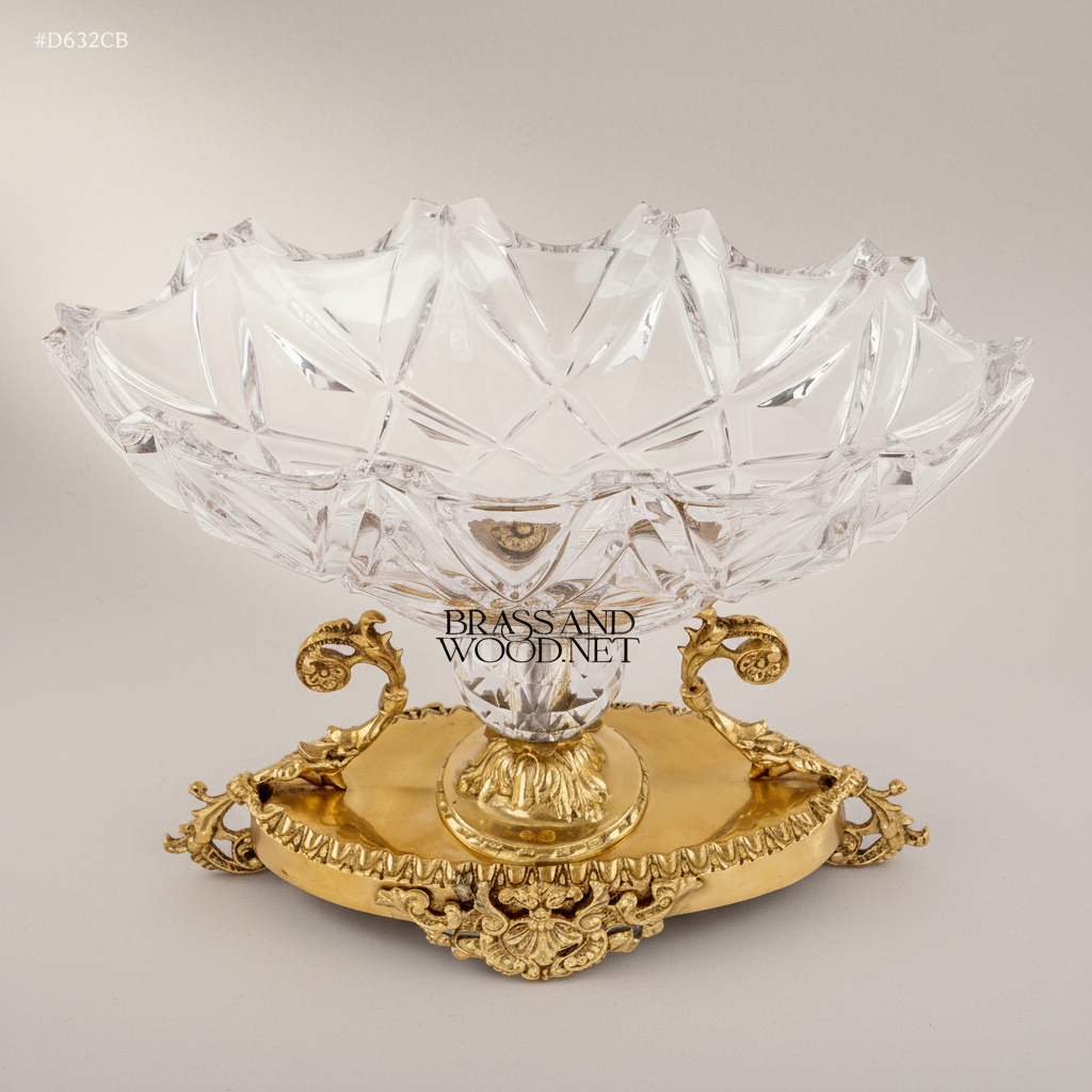 Classical Crystal & Brass Centerpiece Candy Bowl - Ornate Scalloped Pedestal — Gold