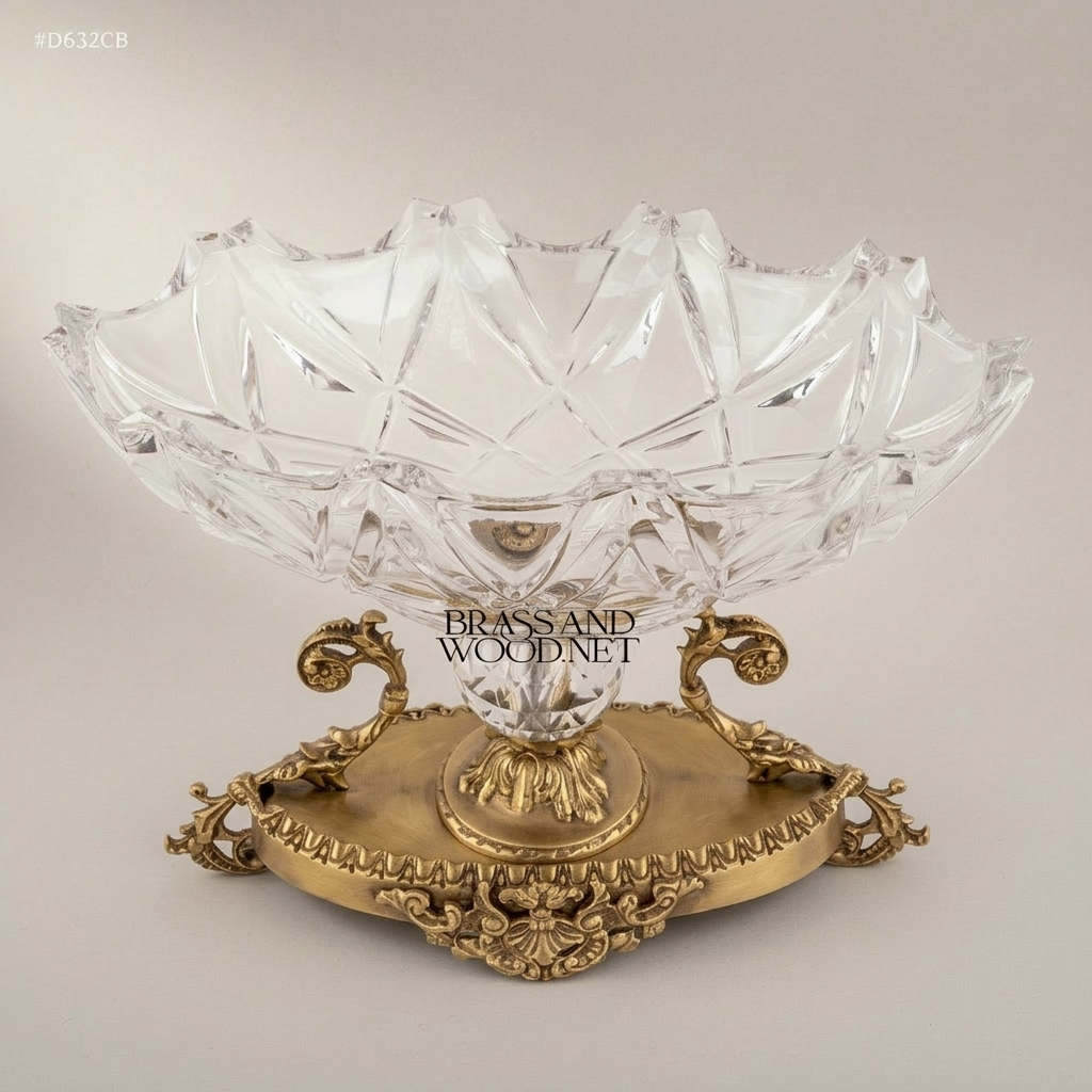 Classical Crystal & Brass Centerpiece Candy Bowl - Ornate Scalloped Pedestal