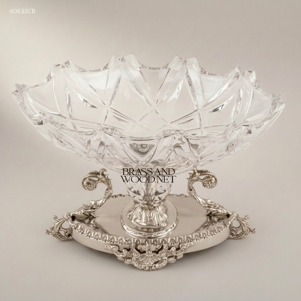 Classical Crystal & Brass Centerpiece Candy Bowl - Ornate Scalloped Pedestal — Silver