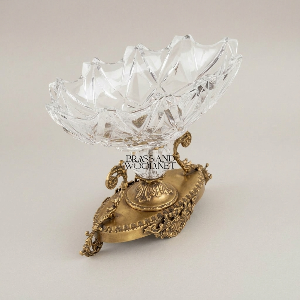 Classical Crystal & Brass Centerpiece Candy Bowl - Ornate Scalloped Pedestal