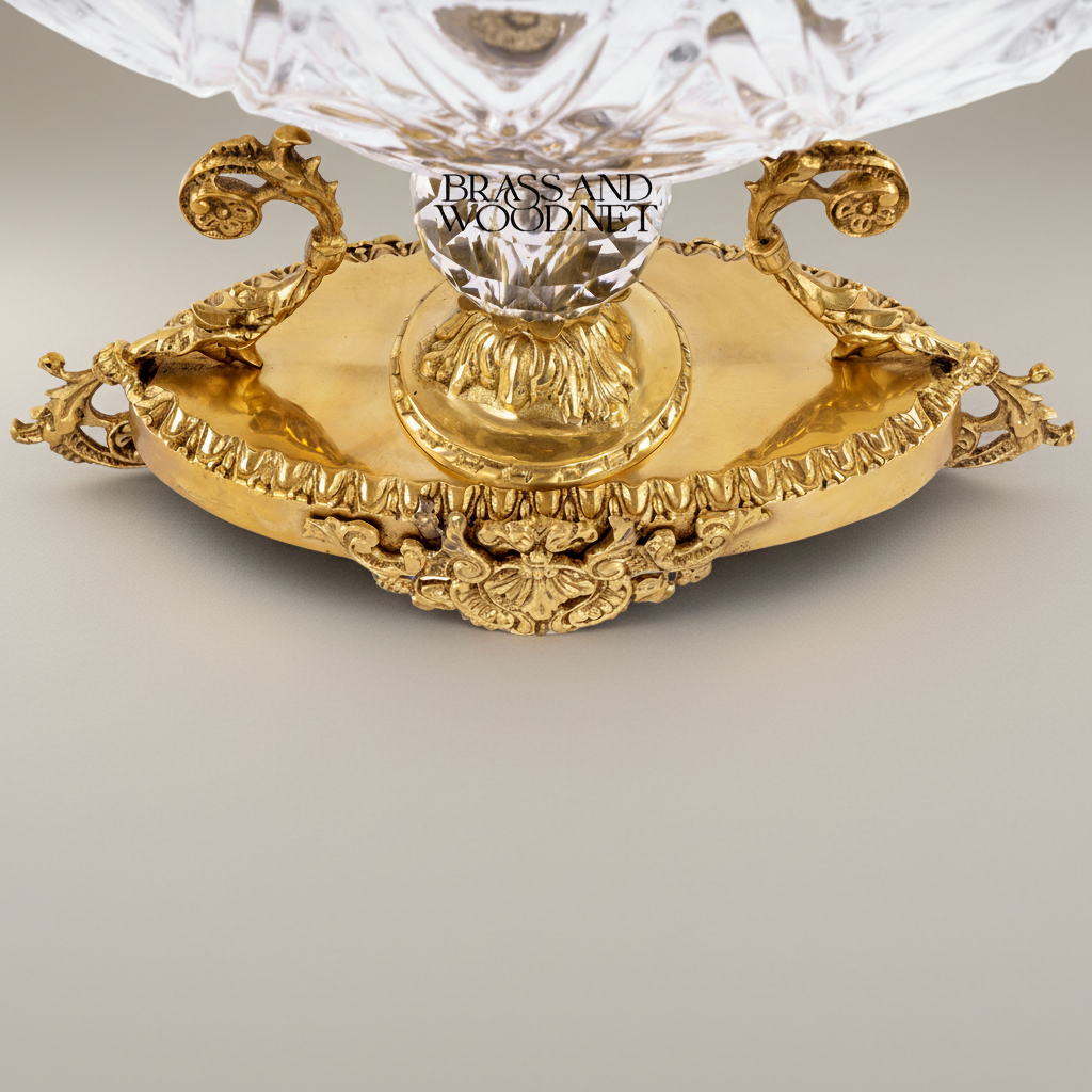 Classical Crystal & Brass Centerpiece Candy Bowl - Ornate Scalloped Pedestal — Gold