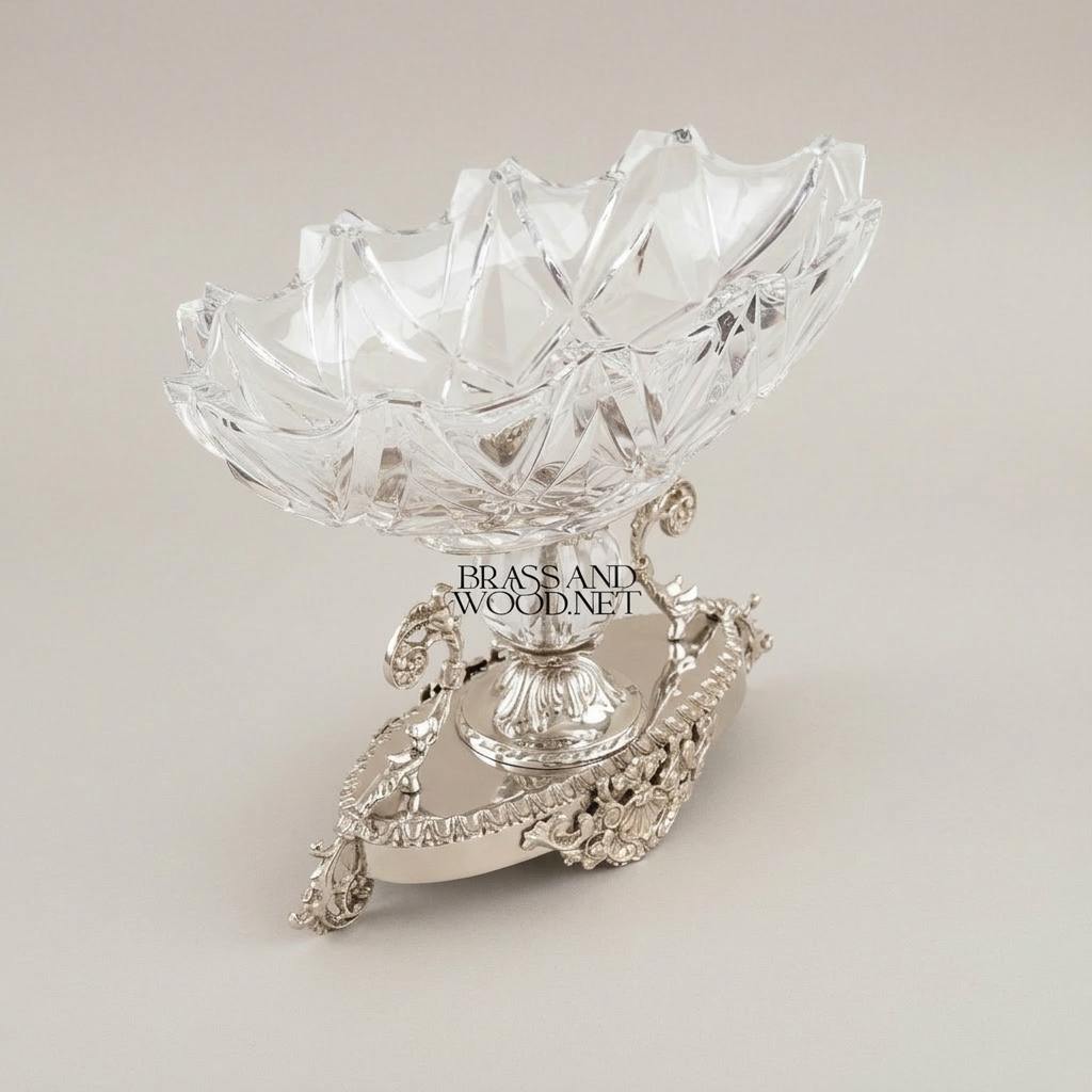 Classical Crystal & Brass Centerpiece Candy Bowl - Ornate Scalloped Pedestal — Silver