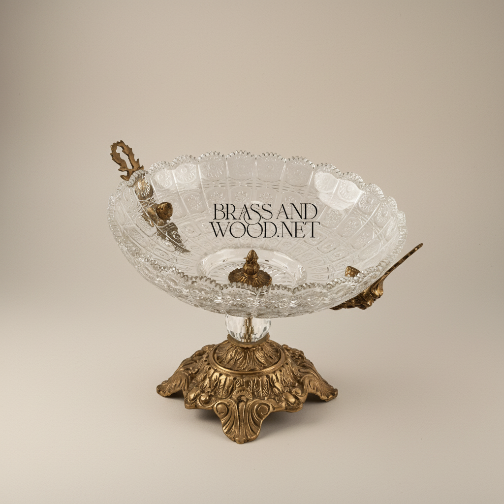 Classical Crystal & Brass Compote Bowl - Ornate Pedestal with Side Handles