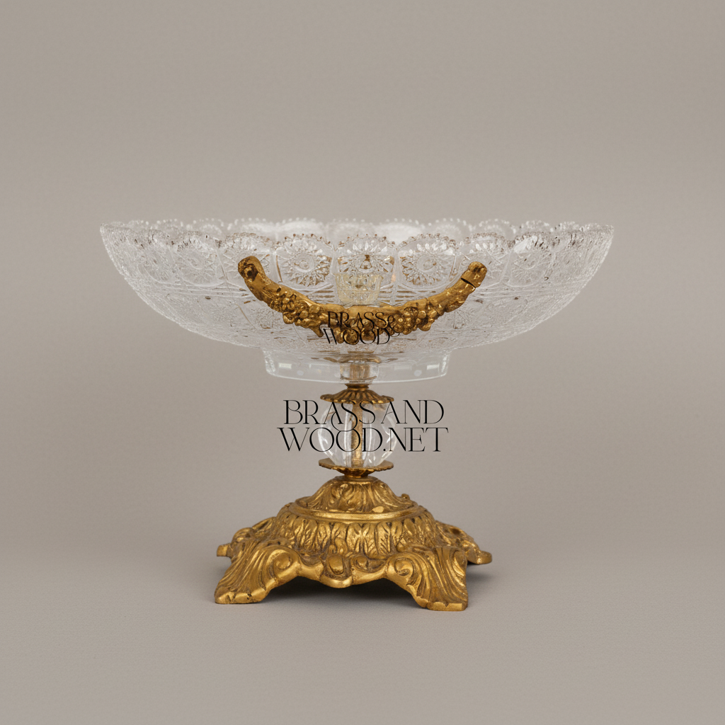 Classical Crystal & Brass Compote Bowl with Ornate Scrolled Base — Antique Gold