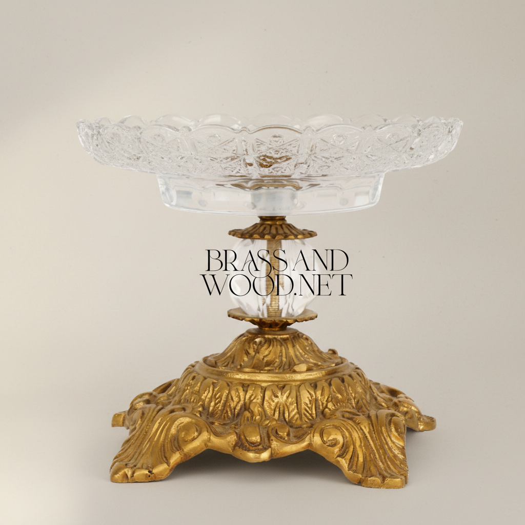 Classical Crystal & Brass Compote Bowl with Ornate Scrolled Base