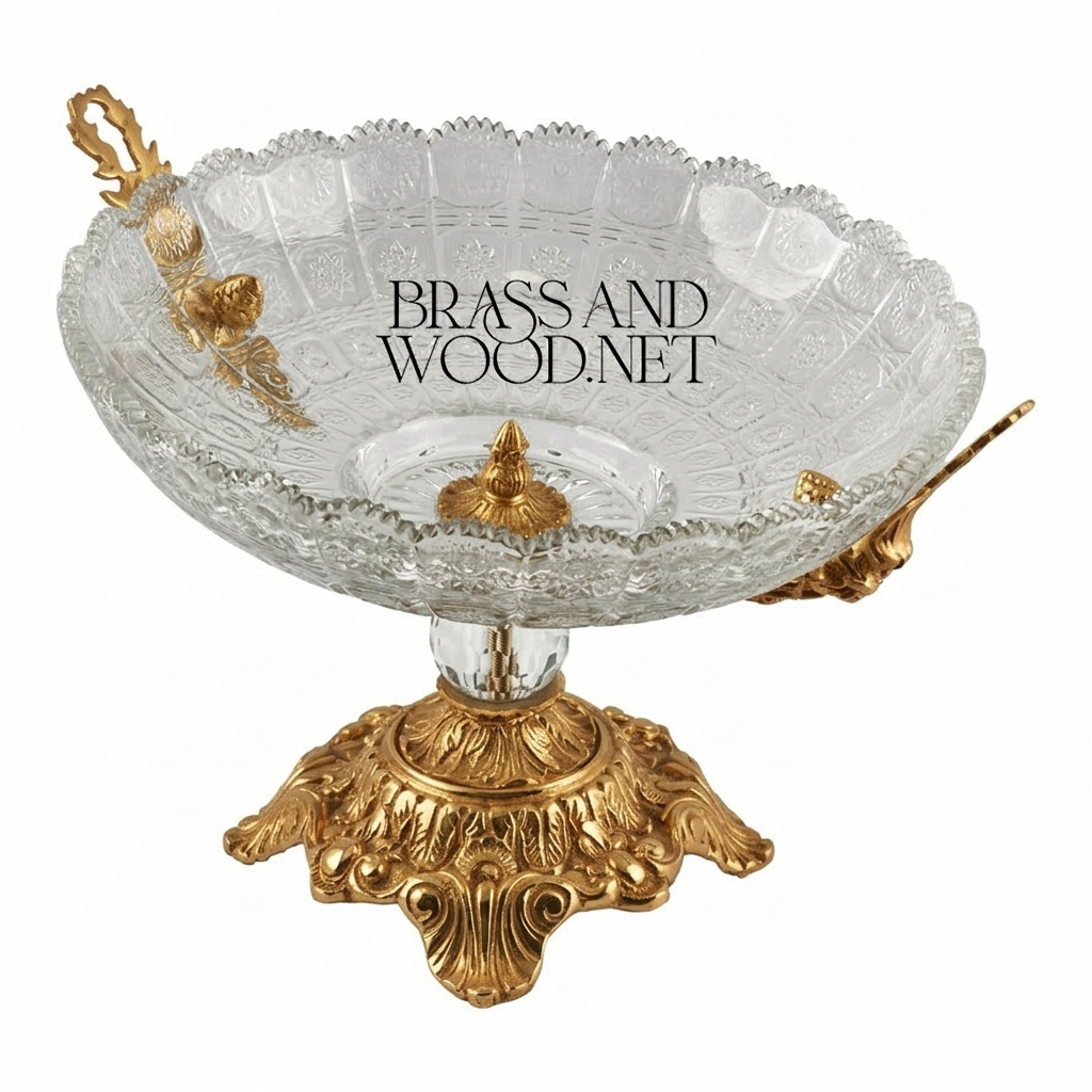 Classical Crystal & Brass Compote Bowl - Ornate Pedestal with Side Handles — Gold