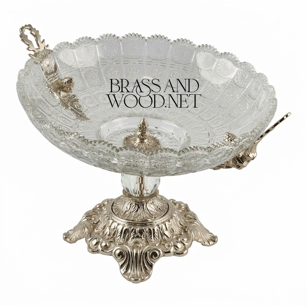 Classical Crystal & Brass Compote Bowl - Ornate Pedestal with Side Handles — Silver